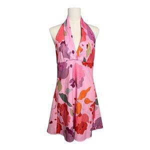 Petal + Pup Pink Floral Halter Dress Retro Sundress Groovy Summer Small Backless